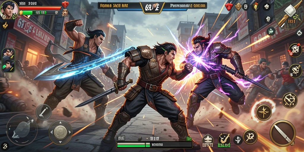 Tampilan gameplay seru saat bertarung dengan berbagai karakter.