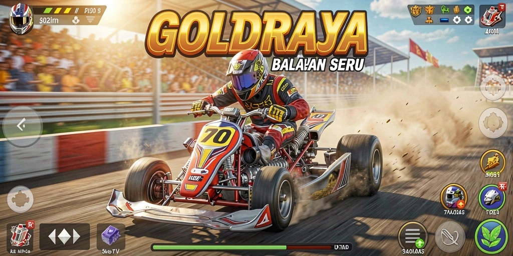 Screenshot gameplay GOLDRAJA dengan mobil balap di trek menantang.