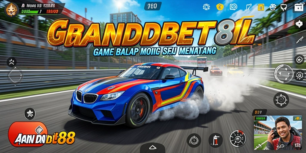 Tampilan gameplay seru di GRANDBET88 dengan mobil balap yang memukau.