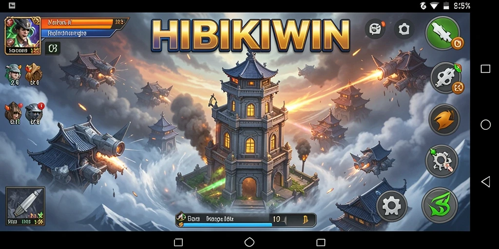 Tampilan gameplay HIBIKIWIN dengan menara dan gelombang musuh.