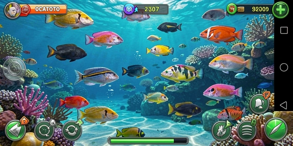 Tampilan screenshot utama OCATOTO dengan aksi tembak ikan yang seru.