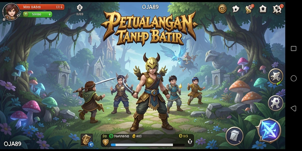 Screenshot gameplay OJA89 menampilkan pertarungan epik di dunia fantasi.