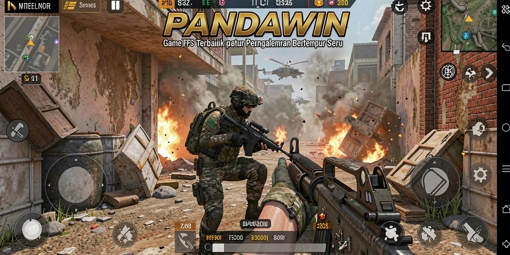 Screenshot game PANDAWIN menunjukkan aksi tembak-menembak yang seru.
