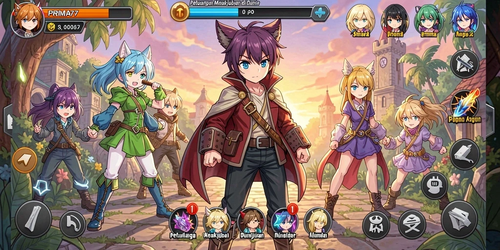 Screenshot gameplay PRIMA77 menampilkan pertarungan seru dengan karakter Anime.