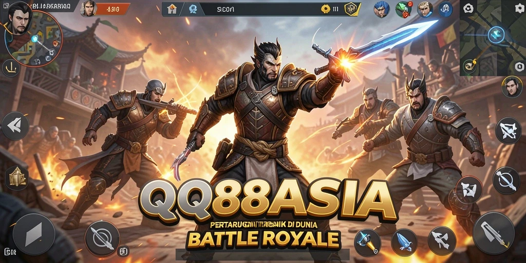 Tampilan gameplay dinamis di QQ88ASIA dengan aksi Battle Royale.