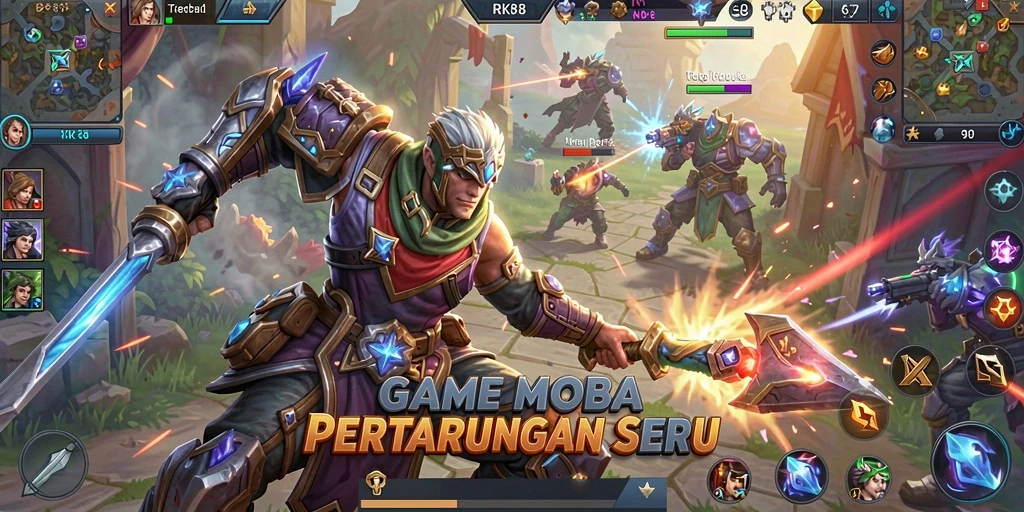 Tangkapan layar utama gameplay RK88 yang menampilkan aksi seru dalam pertarungan MOBA.