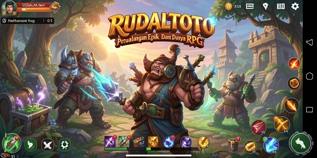 Tampilan gameplay mendebarkan dari RUDALTOTO, menunjukkan pertarungan epik dan eksplorasi.