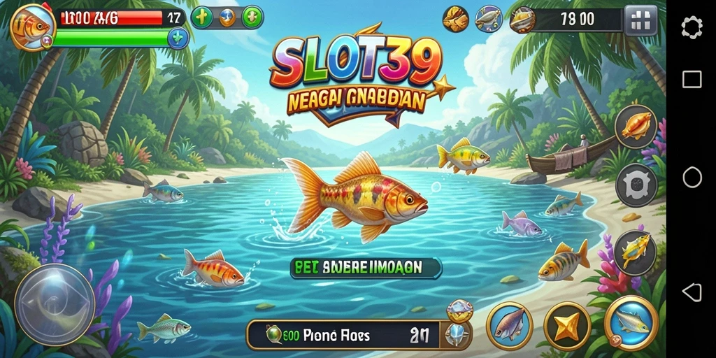 Screenshot dari gameplay SLOT39 menampilkan aksi memancing yang seru.