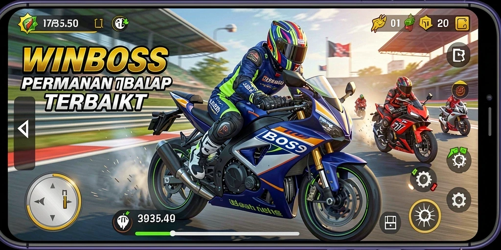 Tampilan gameplay WINBOSS dengan balapan motor yang mendebarkan.
